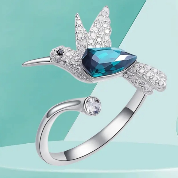 925 Sterling Silver Plated Alloy CZ Hummingbird Opens Ring - Picture 6 of 6